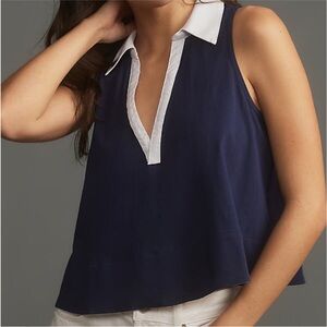Maeve Navy and White Tank Top with Collar